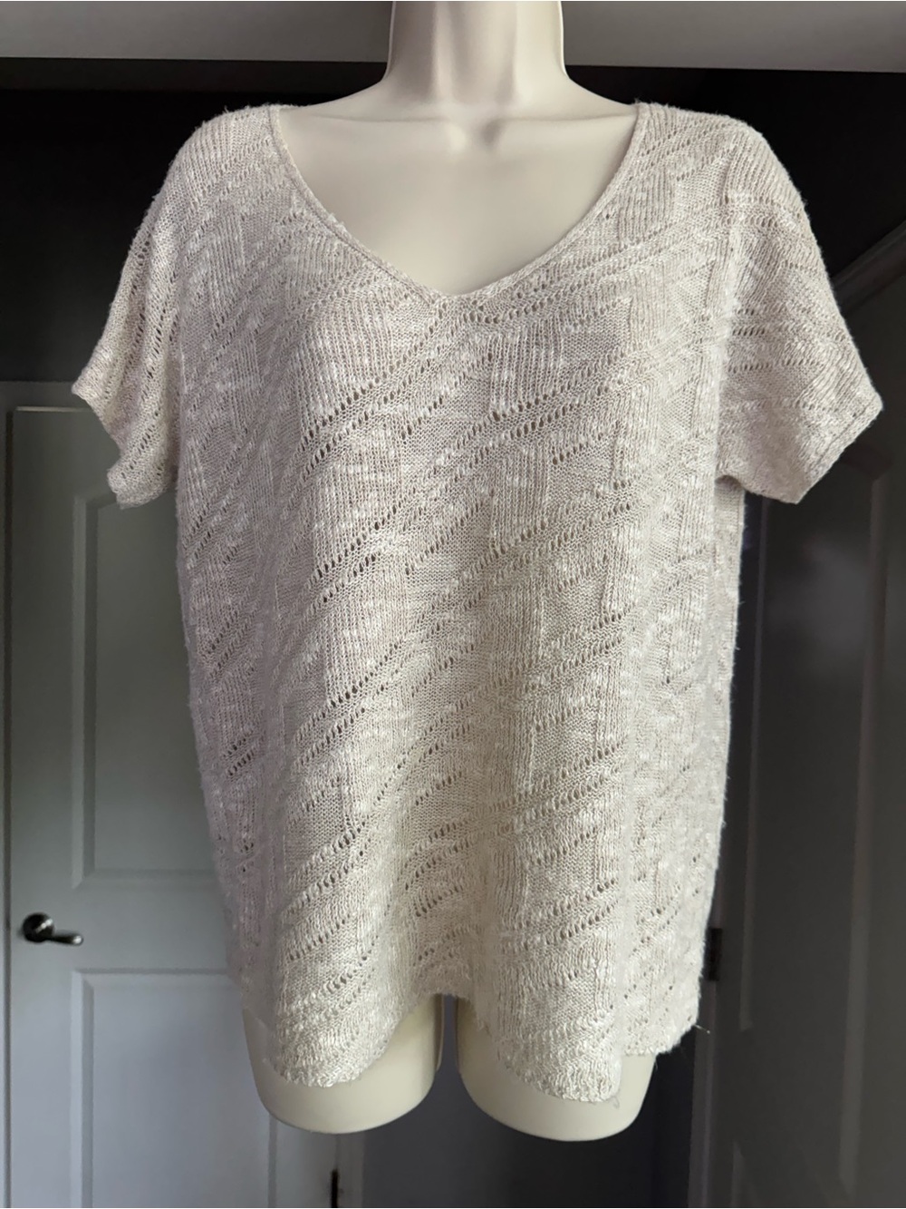 Eileen Fisher Linen Blend Open Knit V-Neck Sweater Top XS Oatmeal Beige
